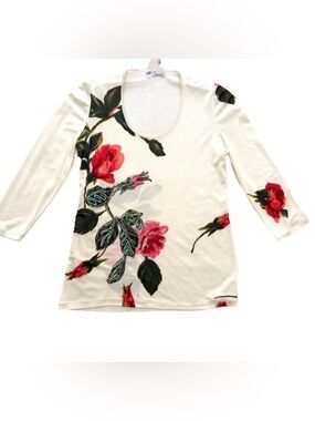 Blumarine Floral Scoop Neck Long Sleeve Top - White with Red Roses and Sequins.